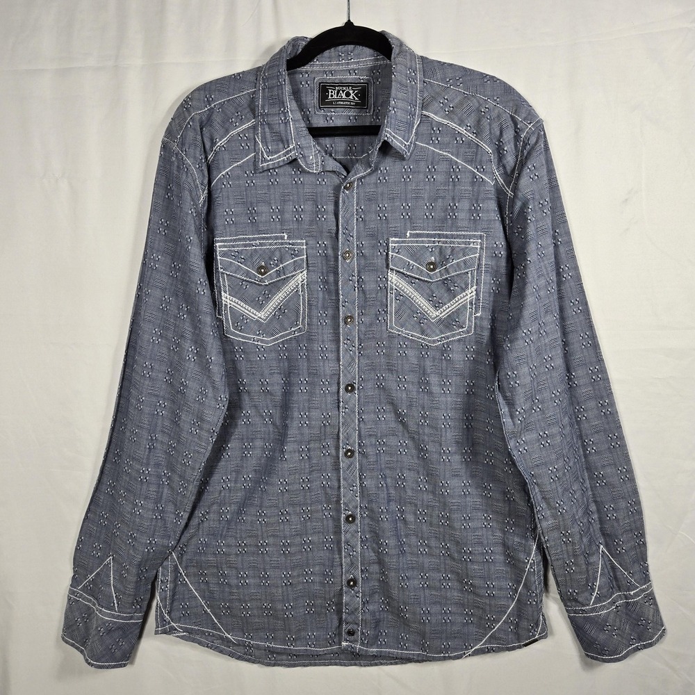 Buckle Black Shirt Men Large Athletic Fit Blue Snap Western Pearl Pockets Casual